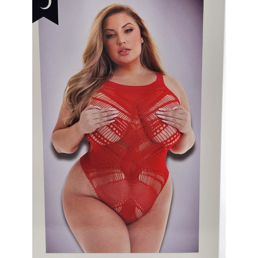 Baci Lingerie Women's Queen Size 14-18 Red Lace Sheer Sexy Jacquard Bodysuit